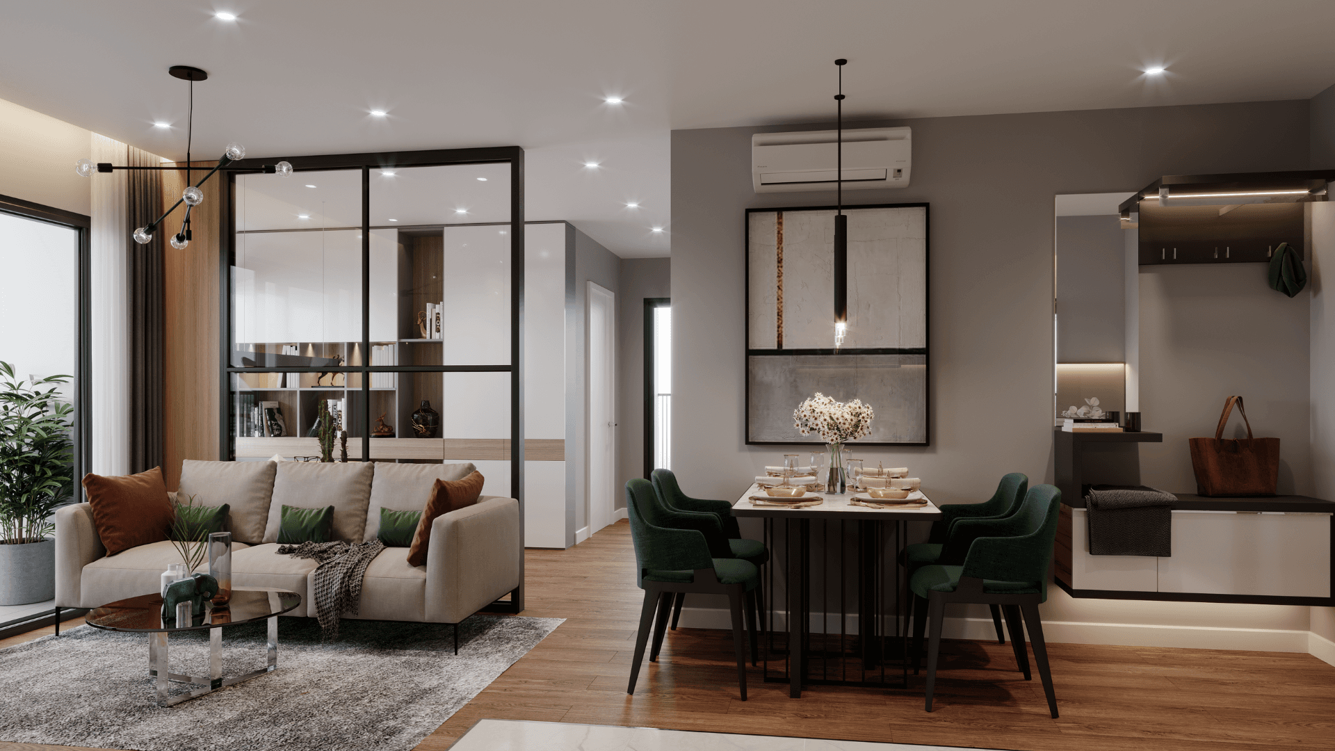 Modern open-plan living room and dining area in a contemporary home — interior of a property marketed by AKI HOME in Osaka